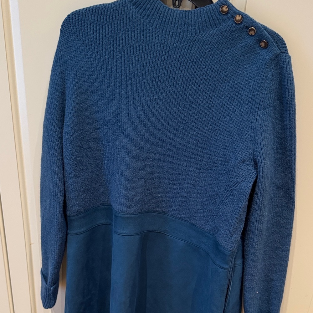 Dark Teal Women's Sweater dress with suede skirt and Button Detail